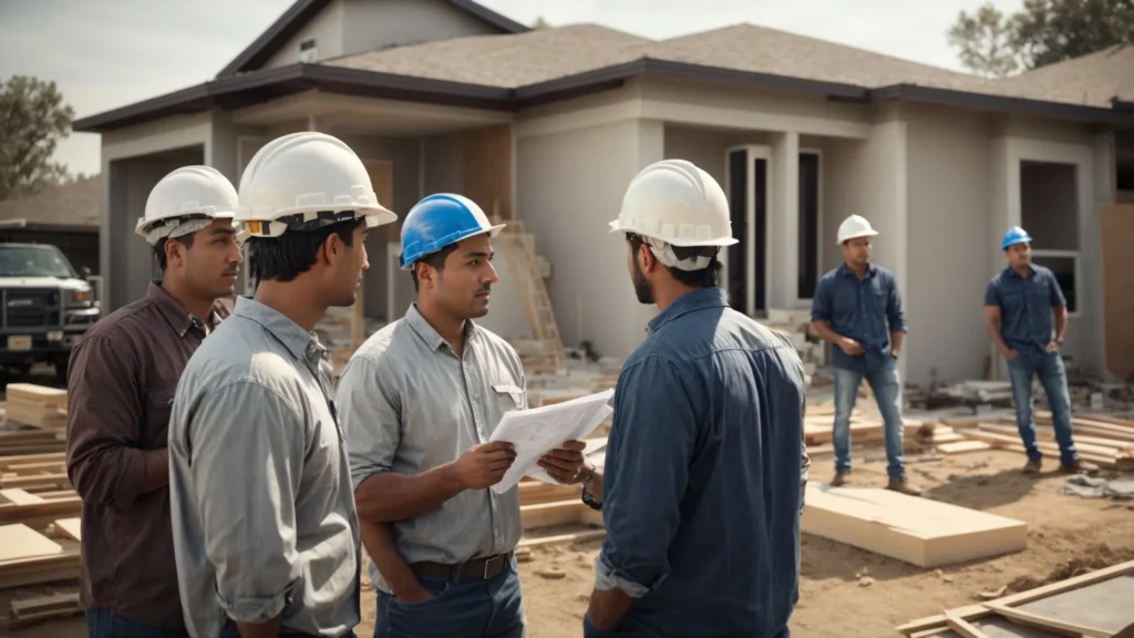 a group of construction professionals and a homeowner discuss plans on a glendale home renovation site, with blueprints and a modern home in the background.