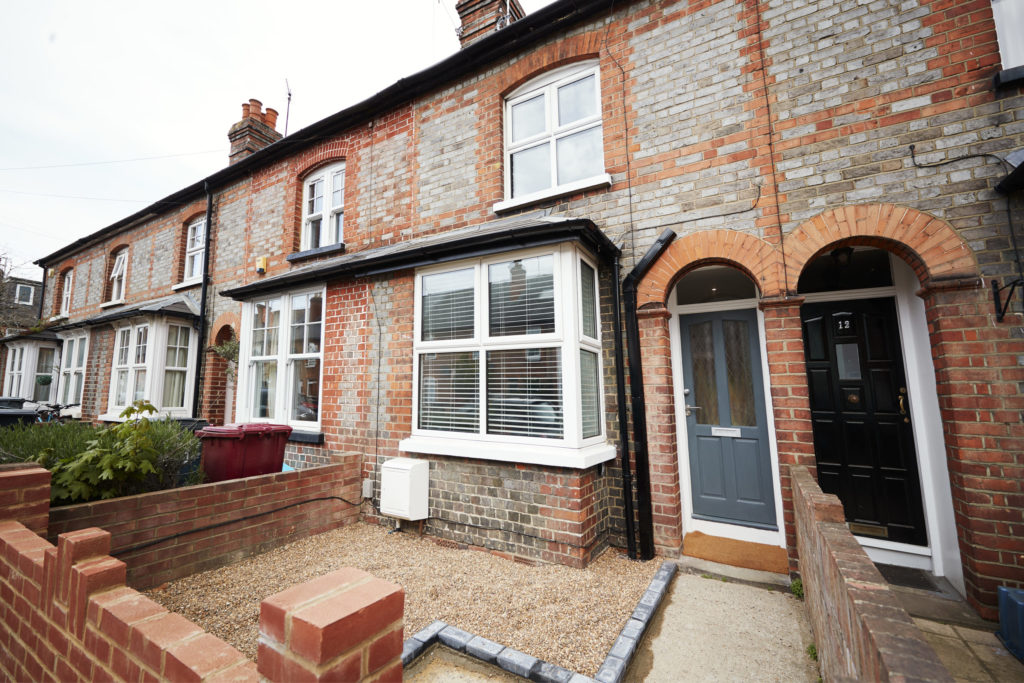 Entrance and front garden of a small terraced house