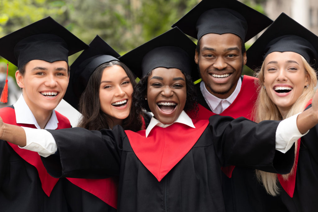 Happy multiracial group of students taking selfie, closeup All items/Photos