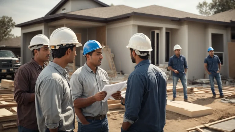 a group of construction professionals and a homeowner discuss plans on a glendale home renovation site, with blueprints and a modern home in the background.