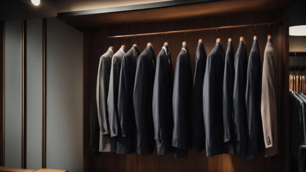 a row of tailored suits hanging neatly in a clothing store.