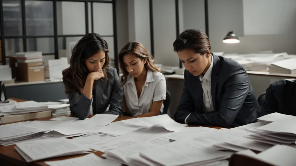 a distraught couple consults with an attorney in a bleak office, papers spread out on the desk between them.