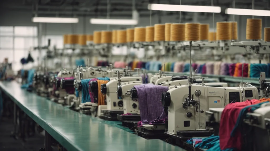 a row of sewing machines in a bright, bustling garment factory with fabrics of diverse colors and textures strewn across work tables.
