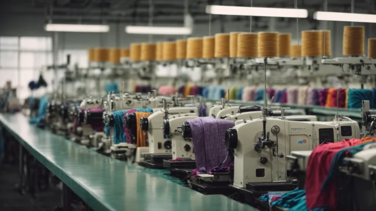 a row of sewing machines in a bright, bustling garment factory with fabrics of diverse colors and textures strewn across work tables.