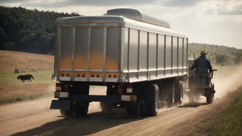 a farmer confidently drives a truck pulling a shiny aluminum livestock trailer along a rural road.
