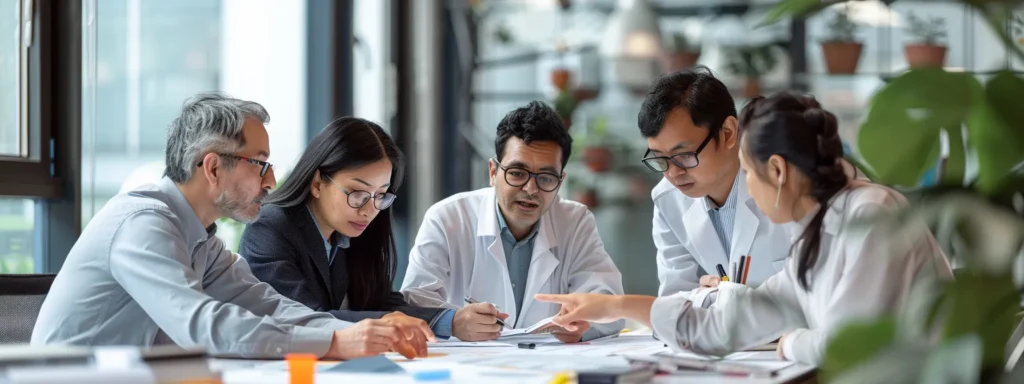 a group of professionals gathered around a table, pointing to a chart comparing panviva and shelf.io compatibility.