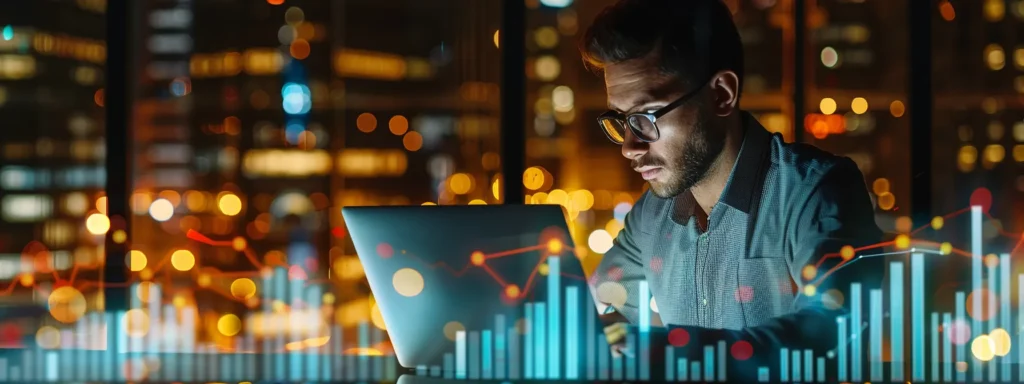 a businessman on a laptop, surrounded by charts and graphs comparing panviva and shelf.io for business process management.