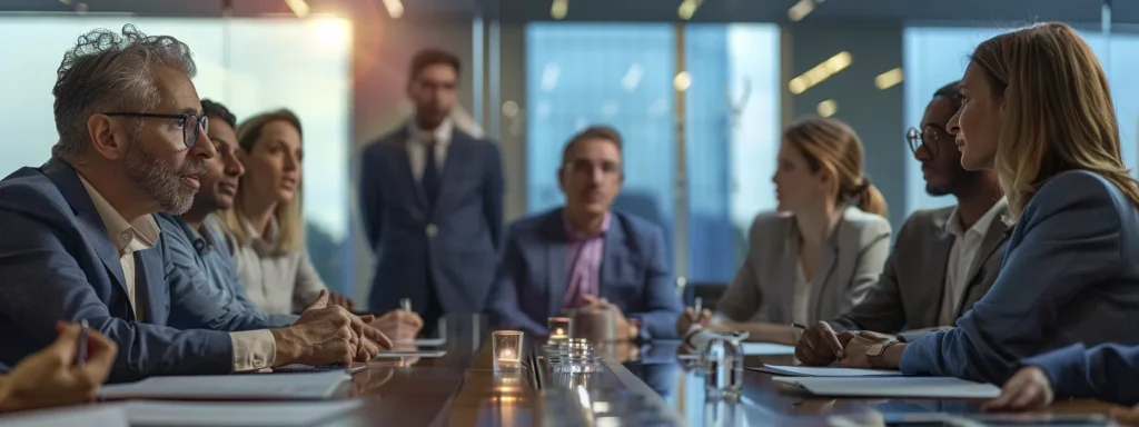 a group of business professionals gathered around a conference table, deep in discussion about legal strategies and outcomes, with a photo of abogado richard harris displayed prominently in the background.