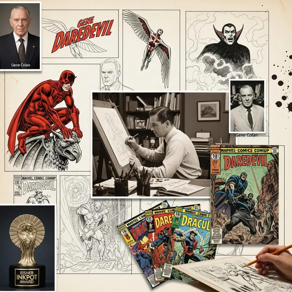 Collage of Gene Colan's biography highlights including his work, sketches, and awards