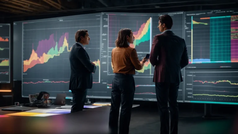 two professionals standing in front of a large monitor displaying colorful charts and graphs, engaged in a discussion.
