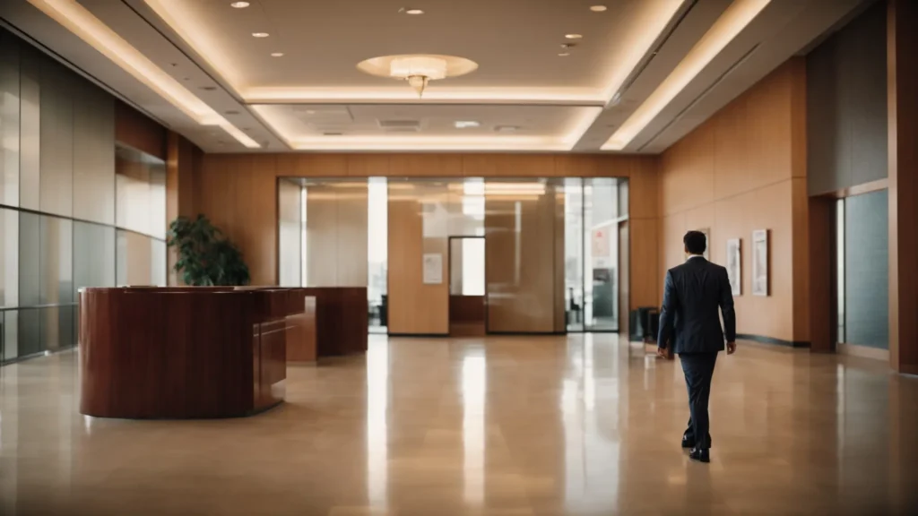 a person with an air of confidence walks into a stately law office in las vegas at sunset.