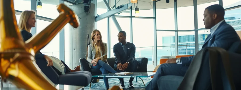 business professionals engaged in a lively discussion with a large anchor in the background, symbolizing the flaherty team's focus on long-term business success.