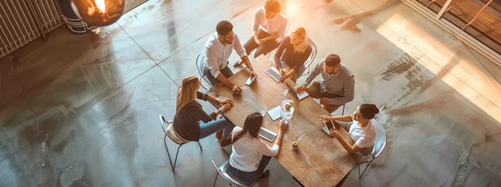 a group of professionals gathered around a table discussing strategies and solutions for business improvement.