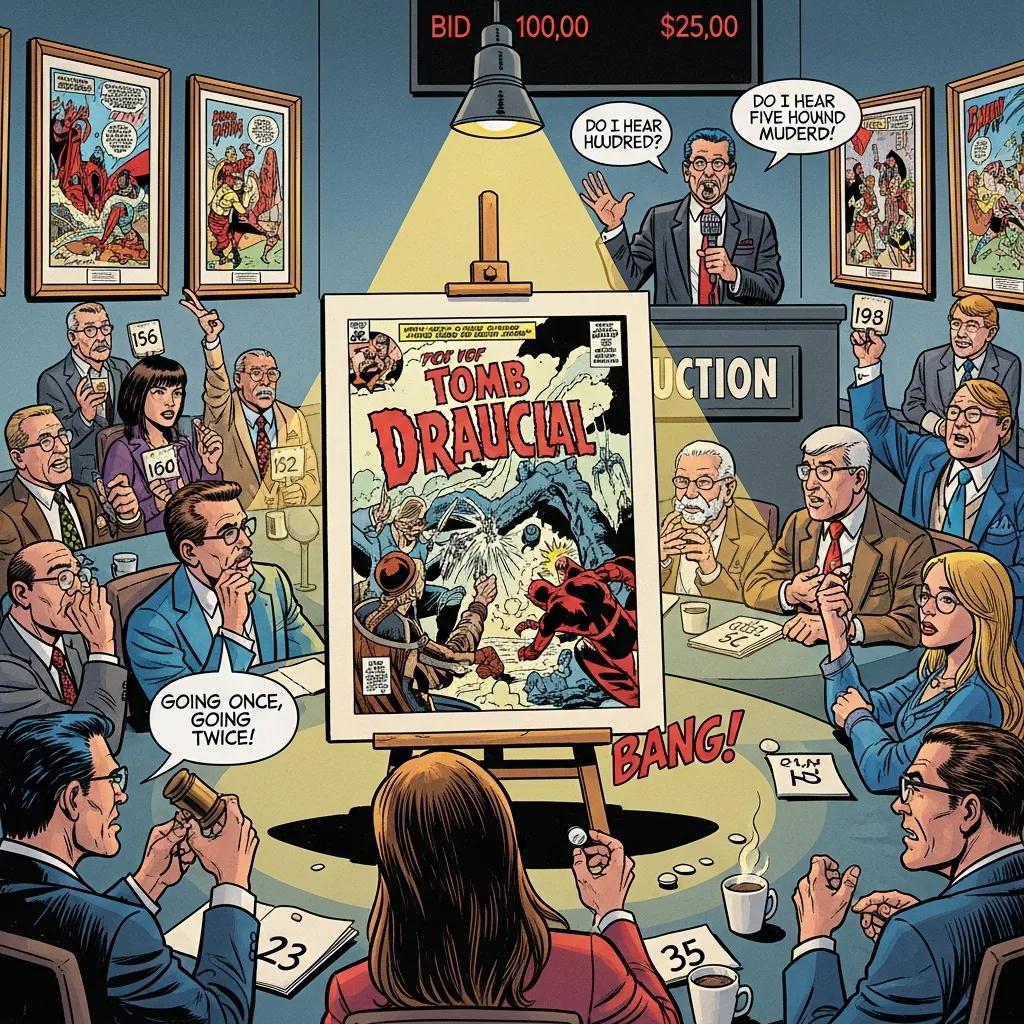 Comic art auction scene with collectors bidding on Gene Colan's artwork, highlighting market trends and valuation