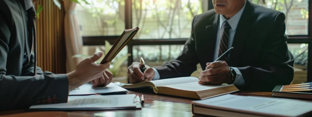 an attorney speaking with a client about estate planning, with legal documents and books on the table.