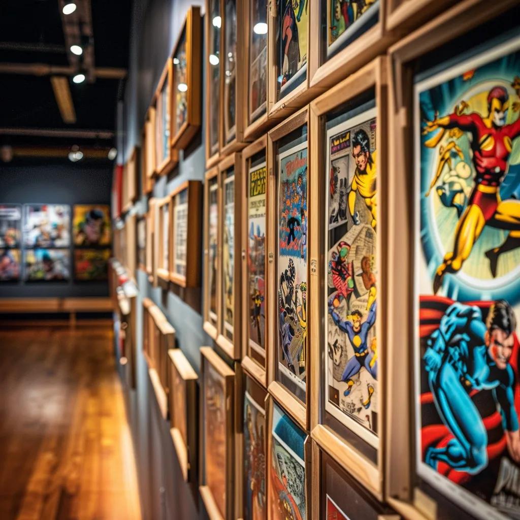 Gene Colan original comic book artwork displayed in a gallery, showcasing vibrant colors and intricate details
