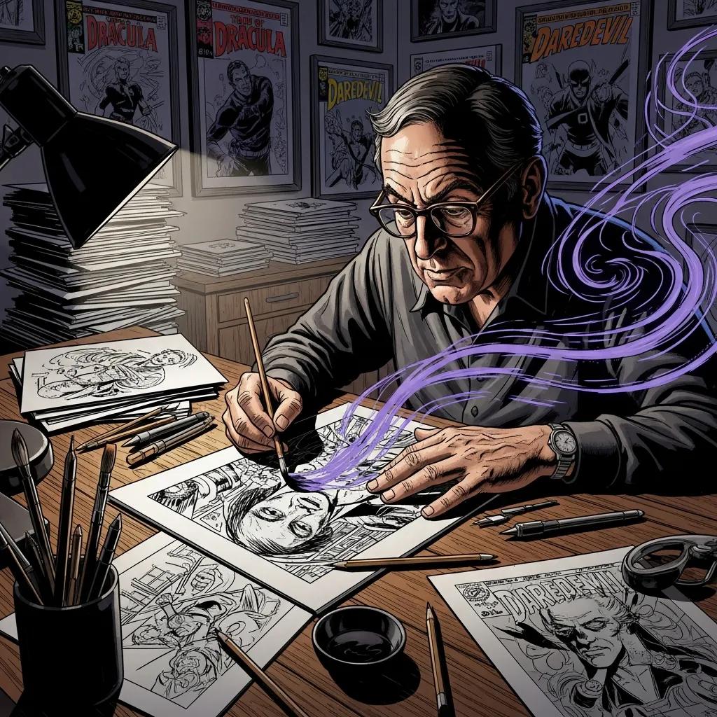 Gene Colan illustrating at a desk, surrounded by sketches, showcasing his unique artistic techniques and historical significance